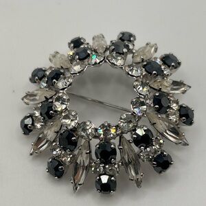Vintage signed Sherman silver tone white and black crystal brooch